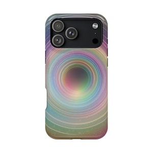 May include: A smartphone case featuring a vibrant, concentric circle pattern in pink, purple, green, and yellow hues. The case incorporates a black camera module with three lenses. The design is abstract and visually appealing.