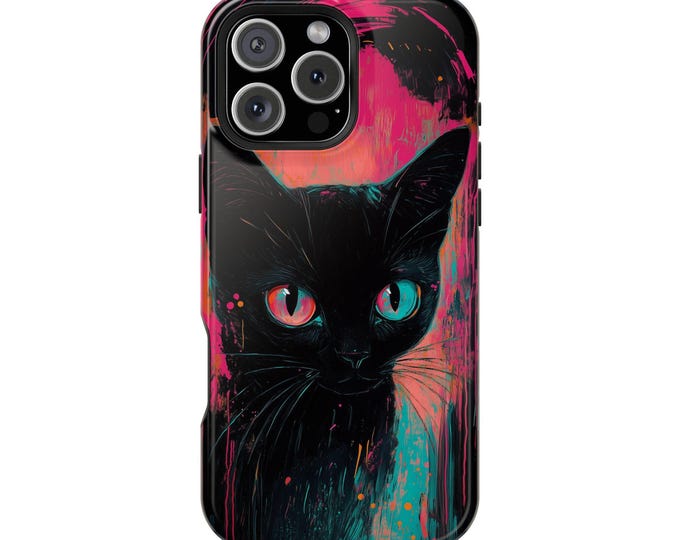 Black Cat Pink Teal Abstract Artwork Phone Case: iPhone, Galaxy, Pixel - Lifetime Warranty