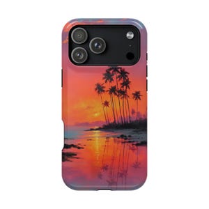 Tropical Beach Palm Tree Orange Sunset Phone Case for iPhone 17 16 15 14 13 Pro Max, Samsung Galaxy S26 S25 Ultra, Google Pixel 10