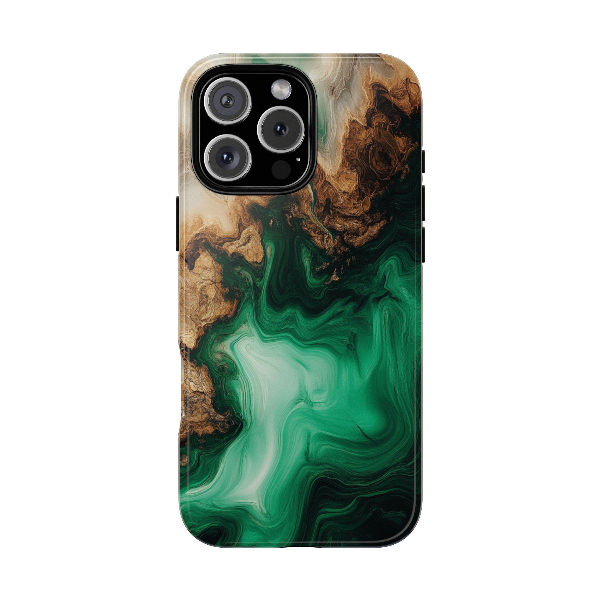 Green Resin Wood Hybrid Marble Shockproof Armor Phone Case - iPhone 17 Air Pro Max 16 16e 15 14 13, Samsung Galaxy S25 Ultra S24 S23, Pixel