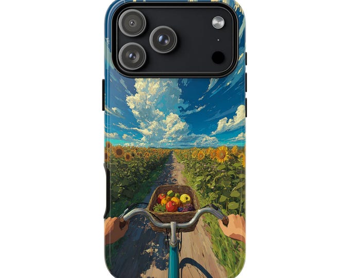 Bicycle Ride Sunflower Field Phone Case: iPhone, Galaxy, Pixel - Lifetime Warranty