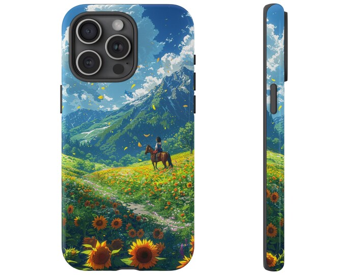 Sunflower Mountain Field Girl Horse Phone Case: iPhone, Galaxy, Pixel - Lifetime Warranty