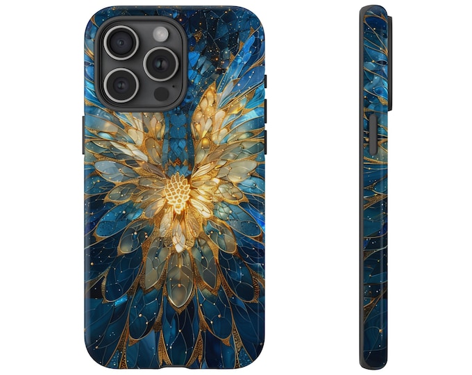 Angel Wings Blue Gold Stained Glass Phone Case: iPhone, Galaxy, Pixel - Lifetime Warranty