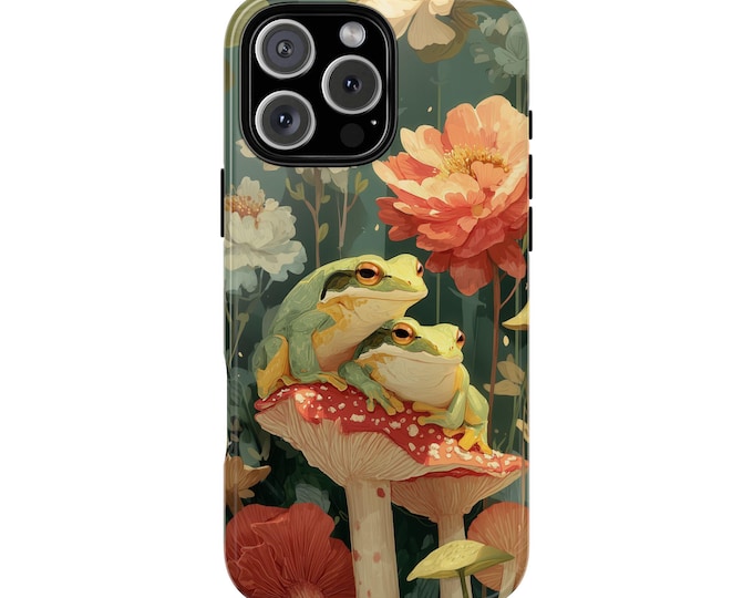 Green Frogs Mushrooms Wildflowers Vintage Phone Case: Tough Cover for iPhone (MagSafe Compatible), Samsung Galaxy, Pixel
