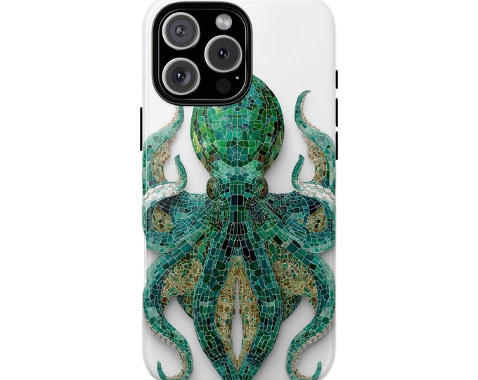 Octopus Cephalopod Green Mosaic Tiles Phone Case: Tough Cover for iPhone (MagSafe Compatible), Samsung Galaxy, Pixel