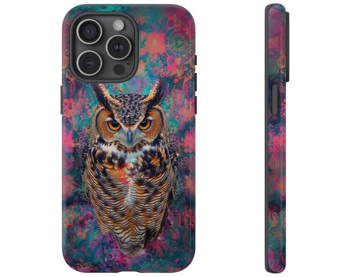 Twilight Owl: Abstract Mystic Bird with Pink Blue Vibrant Pattern | Phone Case for Galaxy, iPhone, Pixel | Dual Layer Tough Cover Protector