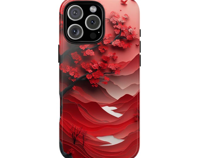 Cherry Blossom Tree Valley Paper Cut Phone Case: iPhone, Galaxy, Pixel - Lifetime Warranty