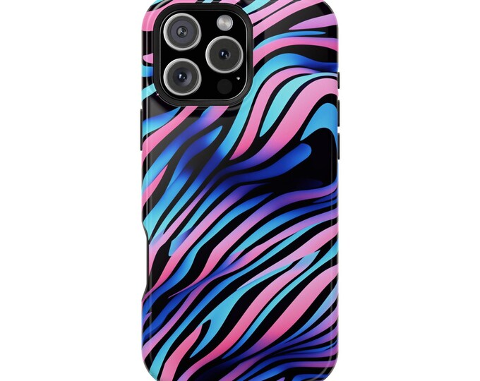 Neon Zebra Stripes Iridescent Pink Blue Phone Case: iPhone, Galaxy, Pixel - Lifetime Warranty