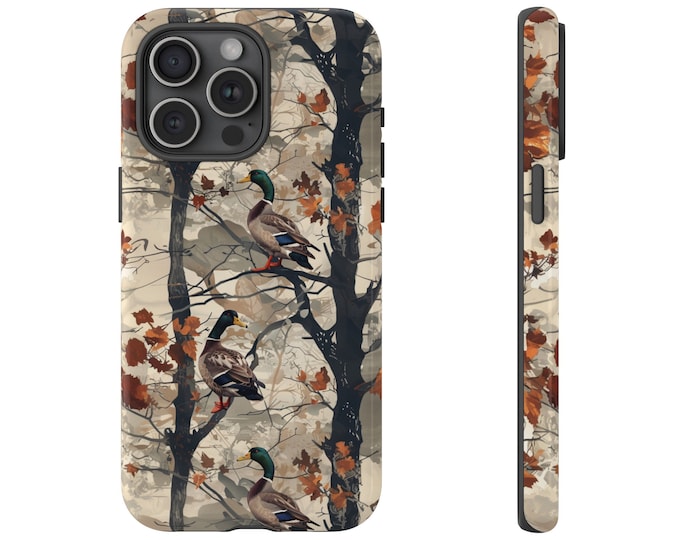 Phone Case for Galaxy, iPhone, Pixel | Mallard Duck with Wilderness Tree Camouflage Pattern Design | Dual Layer Tough Cover Protector