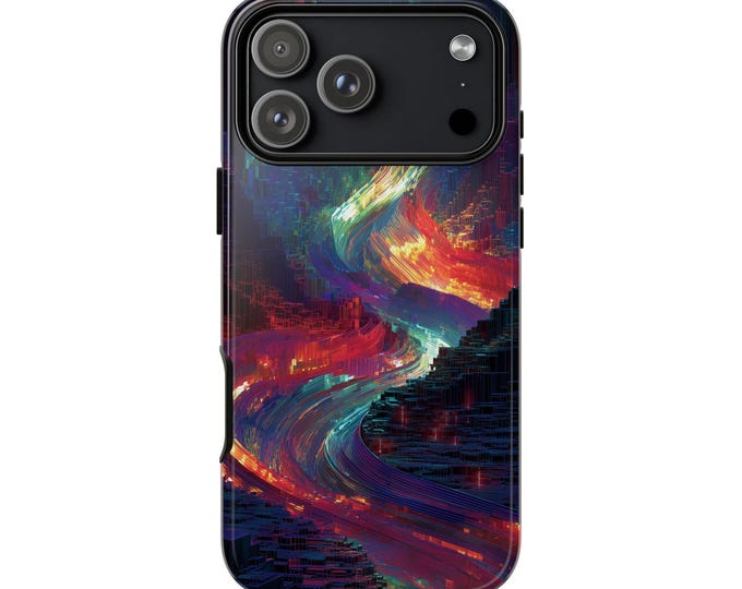 Glitch Wave Flowing Red Teal Phone Case: iPhone, Galaxy, Pixel - Lifetime Warranty