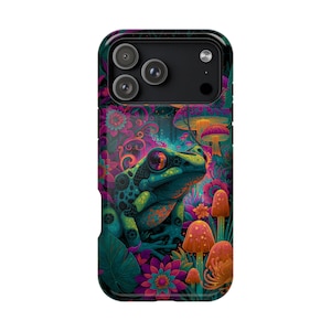 May include: A phone case with a vivid, psychedelic design. The case depicts a detailed illustration of a frog surrounded by colourful flowers and mushrooms. The colour palette includes shades of teal, purple, orange, and green, creating a whimsical and artistic aesthetic.