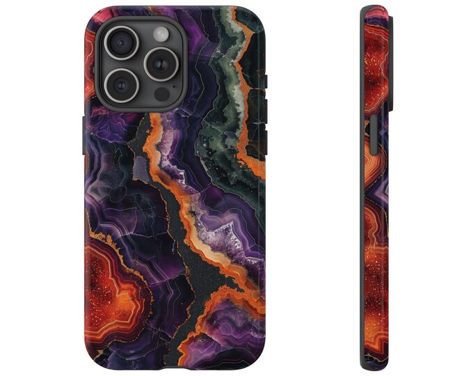 Dark Purple Orange Amethyst Geode Agate Phone Case: iPhone, Galaxy, Pixel - Lifetime Warranty
