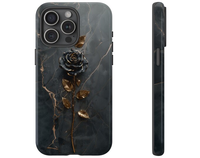 Black Marble Gold Rose Flower Cover Phone Case: iPhone, Galaxy, Pixel - Lifetime Warranty