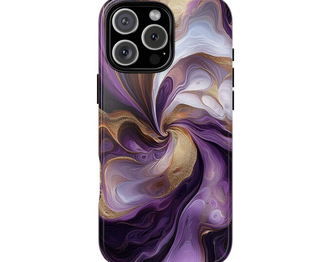 Purple Gold Swirls Liquid White Fluid Phone Case: iPhone, Galaxy, Pixel - Lifetime Warranty