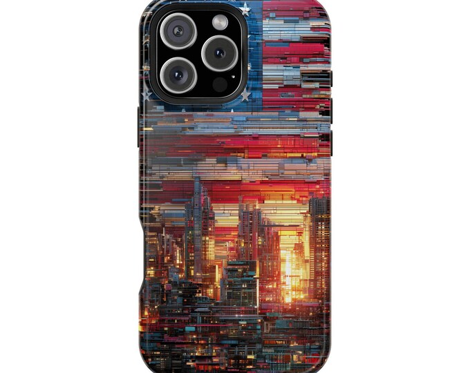 American Flag City Glitch Wave Phone Case: iPhone, Galaxy, Pixel - Lifetime Warranty