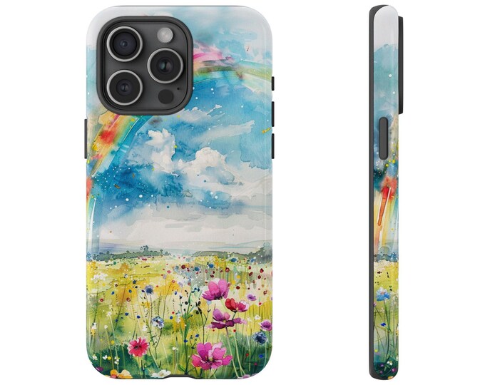 Phone Case for Galaxy, iPhone, Pixel | Vista Flower Fields Watercolor Painted Flora Meadow Blossoms Vibrant Rainbow Blue Skies | Tough Cover