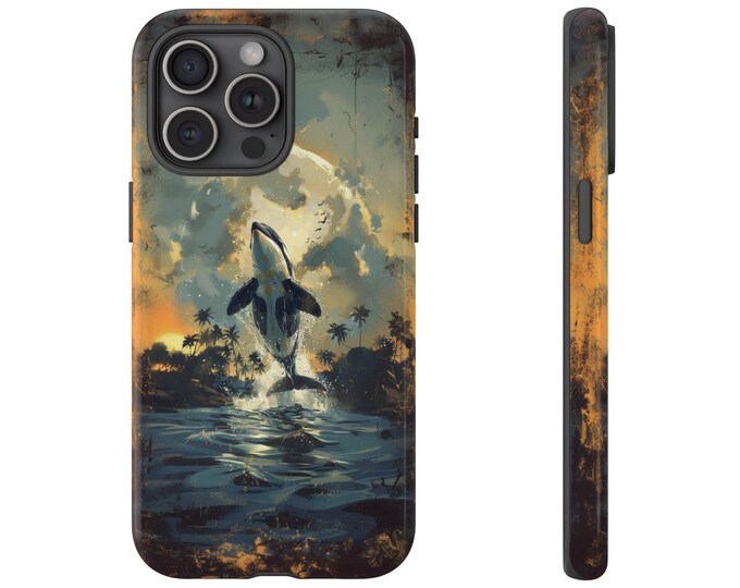 Killer Whale Jumping Phone Case | iPhone, Samsung Galaxy, Pixel | Orca Ocean Jump Sea Beach Palm Trees Whale Lovers Design Tough Cover