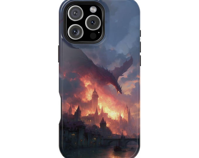 Giant Dragon Fire Burning Castle Town Phone Case: iPhone, Galaxy, Pixel - Lifetime Warranty