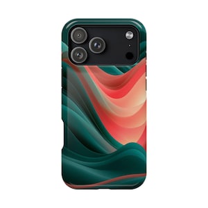 May include: A smartphone case featuring an abstract design of flowing, layered waves in deep teal, dark green, and vibrant coral-red tones. The back of the case includes a rectangular camera cutout with three circular lenses and a small flash unit.
