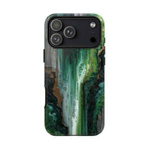 May include: A smartphone case with a green, gold, and black abstract design. The case features a waterfall-like pattern with streaks of green, gold, and black. The top of the case has a black camera module with three lenses.
