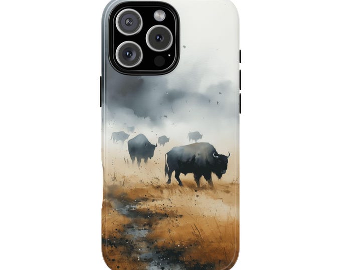 Wild Buffalo Watercolor Wilderness Bison Phone Case: Tough Cover for iPhone (MagSafe Compatible), Samsung Galaxy, Pixel