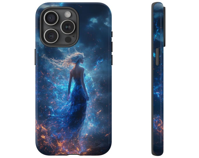 Mystic Sorceress Case, Enchanted Waters Ethereal Flames Cover, Blue Girl Mage Woman Design - Phone Case for iPhone, Samsung Galaxy, Pixel