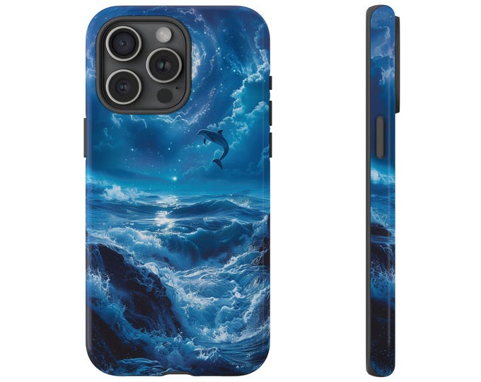 Dolphin Night Swimming Ocean Waves Phone Case: iPhone, Galaxy, Pixel - Lifetime Warranty