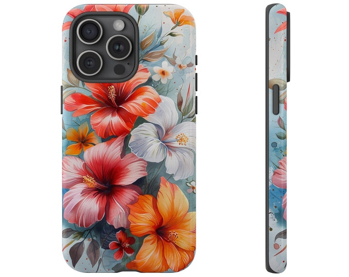 Phone Case for Galaxy S25 S24 S22, iPhone 15 14 13 12 11, Pixel - Artisanal Tropical Hibiscus Hawaii Flower Pink Floral - Gift Ideas