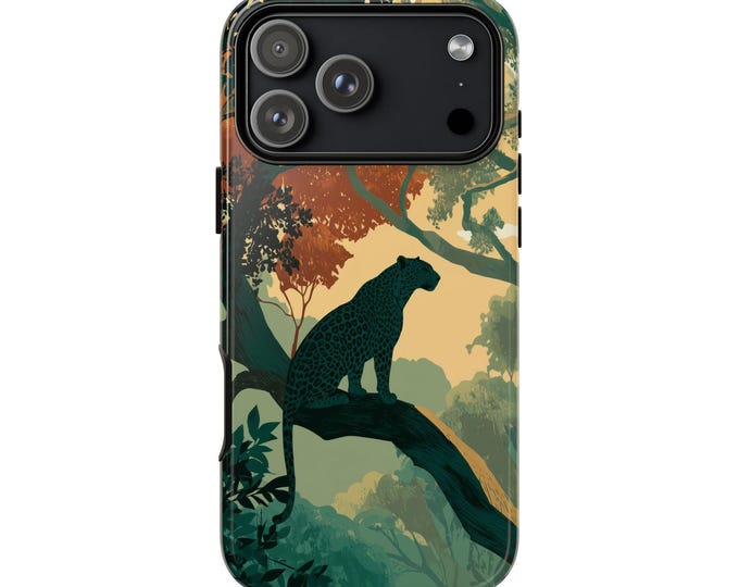 Leopard Silhouette Emerald Forest Phone Case: iPhone, Galaxy, Pixel - Lifetime Warranty