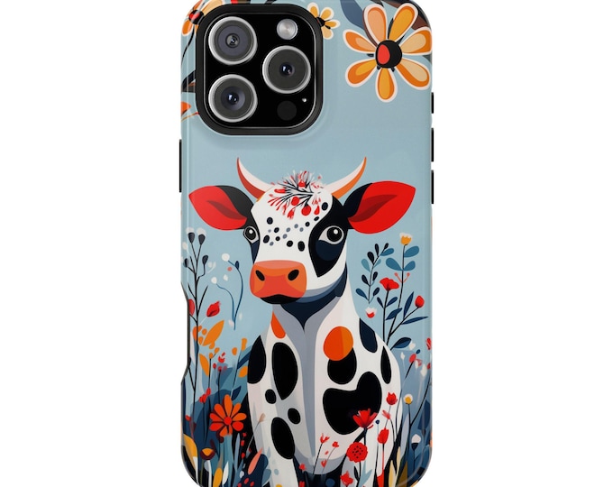 Minimalist Cow with Floral Accents Art Phone Case: iPhone, Galaxy, Pixel - Lifetime Warranty