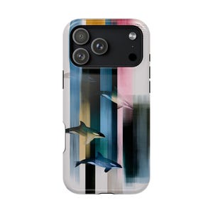 May include: A smartphone case featuring a vertical abstract design with brushstroke patterns in shades of blue, pink, black, and gold. The graphic includes three orca whales swimming across the textured stripes, with a black camera lens cutout.