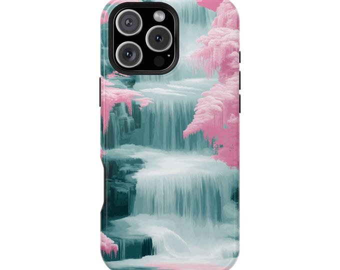 Light Green Teal Waterfall Pink Trees Phone Case: iPhone, Galaxy, Pixel - Lifetime Warranty