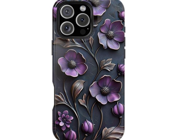 Purple Embossed Floral Leather UV Print Flowers Phone Case: iPhone, Galaxy, Pixel - MagSafe Compatible