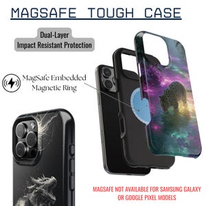 The image is an advertisement for a "Magsafe Tough Case" designed for smartphones. It features a close-up of a phone case with a colorful, cosmic-themed design, and a description of the case's features, such as the dual-layer impact resistant protection and the embedded magnetic ring. The image also indicates that the case is not available for Samsung Galaxy or Google Pixel models.