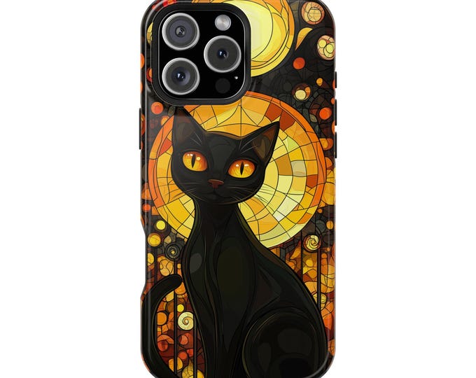 Midnight Black Cat Amber Stained Glass Phone Case: iPhone, Galaxy, Pixel - Lifetime Warranty