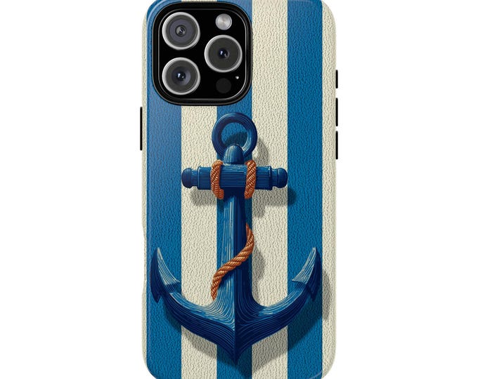 Nautical Sea Anchor Blue White Lines Phone Case: iPhone, Galaxy, Pixel - MagSafe Compatible