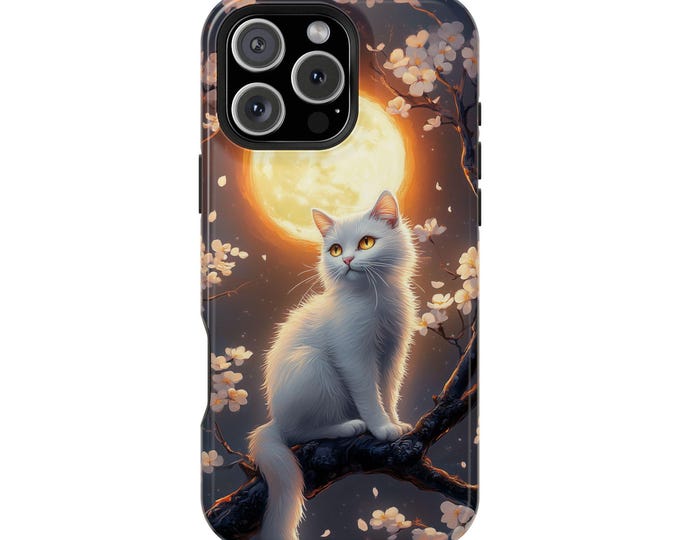 White Cat Blossom Tree Golden Moon Flower Kitty Phone Case: iPhone, Galaxy, Pixel - Lifetime Warranty