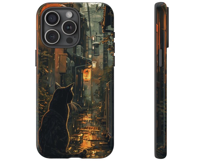 Black Cat Sitting in Japan Alley Rain Phone Case: iPhone, Galaxy, Pixel - Lifetime Warranty