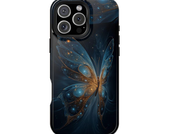 Butterfly Blue Gold Wings Glowing Artwork Phone Case: iPhone, Galaxy, Pixel - Lifetime Warranty