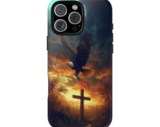 American Bald Eagle Soaring USA Flag Cross Phone Case: iPhone, Galaxy, Pixel - Lifetime Warranty