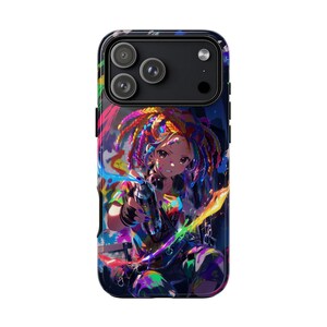 May include: A black phone case featuring a colorful anime-style illustration of a person with rainbow dreadlocks holding a spray paint can. The artwork includes vibrant splashes of paint and a dynamic, urban aesthetic.