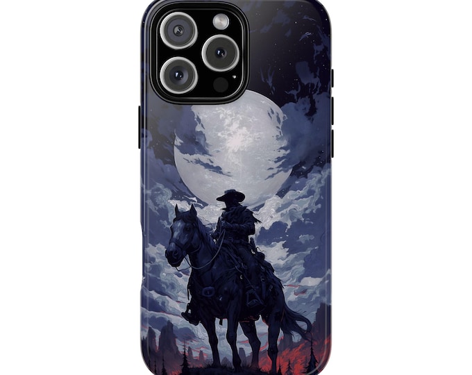 Western Rider Giant Desert Moon Cowboy Horse Phone Case: iPhone, Galaxy, Pixel - Lifetime Warranty