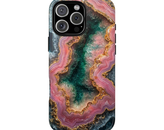 Pink Green Geode Quartz Agate Gold Phone Case: iPhone, Galaxy, Pixel - Lifetime Warranty