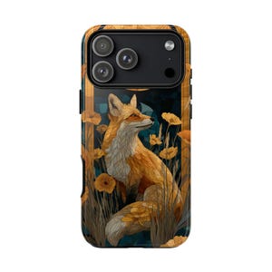 May include: A phone case with a fox illustration amidst yellow flowers. The fox is depicted with orange and white fur, set against a dark blue backdrop. The case has a black camera module.