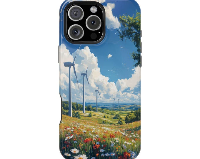 Serene Meadow Wind Turbines Flowers Phone Case: iPhone, Galaxy, Pixel - Lifetime Warranty