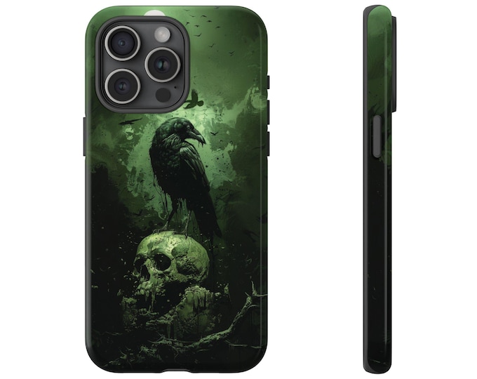 Black Raven Crow Skull Green Night Phone Case: iPhone, Galaxy, Pixel - Lifetime Warranty