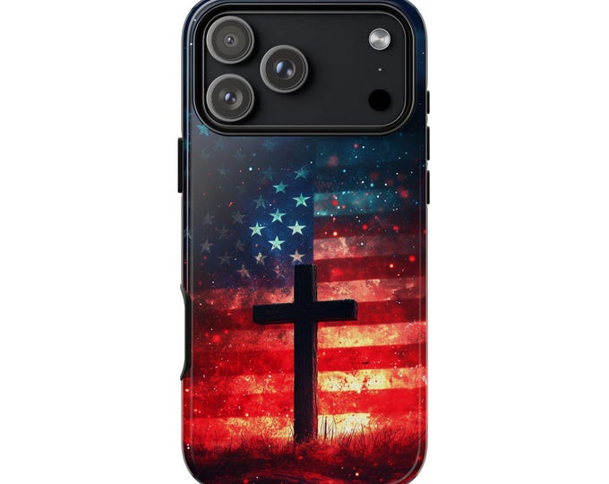Cross Behind American Flag Backdrop USA Phone Case: iPhone, Galaxy, Pixel - Lifetime Warranty