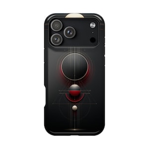 Può includere: Una cover per smartphone nera con un design geometrico caratterizzato da un grande cerchio scuro, una sfera più piccola rossa e nera e una minuscola sfera bianca allineate verticalmente. Sottili linee rosse e bianche formano motivi circolari.