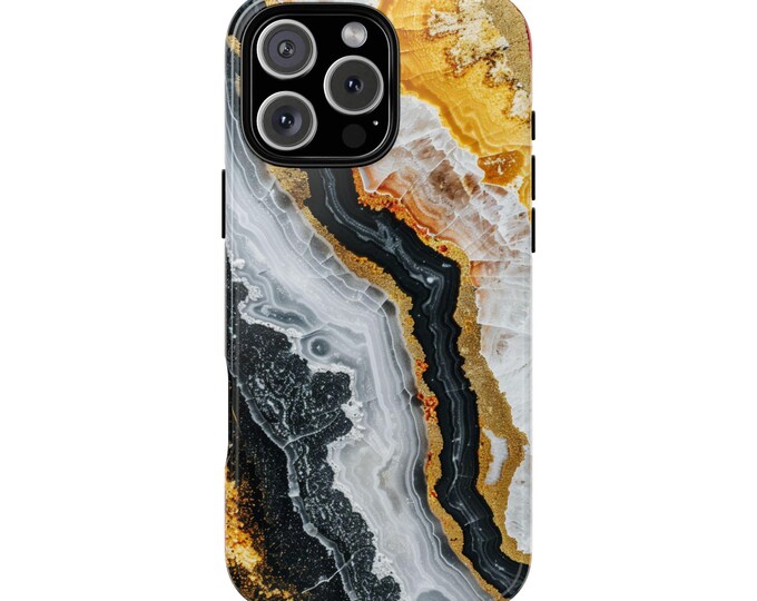 Yellow Gold Geode Marble Black Agate Crystal Rock Phone Case: iPhone, Galaxy, Pixel - Lifetime Warranty