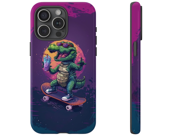 Crocodile Skateboard Sunglasses Drinking Slushy Phone Case: iPhone, Galaxy, Pixel - Lifetime Warranty